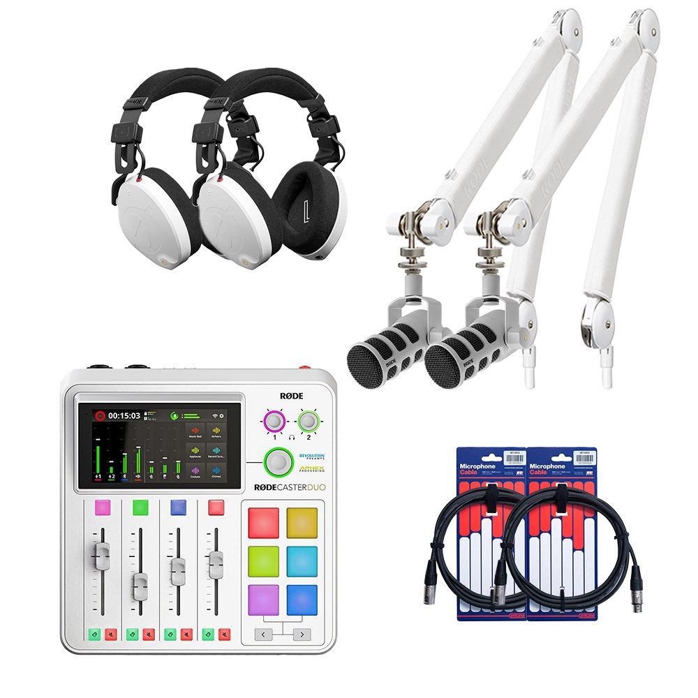 Rode RodeCaster Duo Podcasting Pack (White) w/ 2x PodMic, 2x NTH100, 2 x PSA1+ & XLR Cables - Image 1