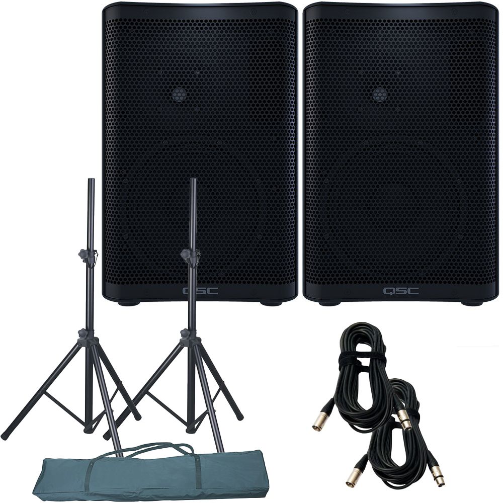 QSC CP8 PA Speaker Pack w/ Stands & 10m XLR Cables (Pair) - Image 1