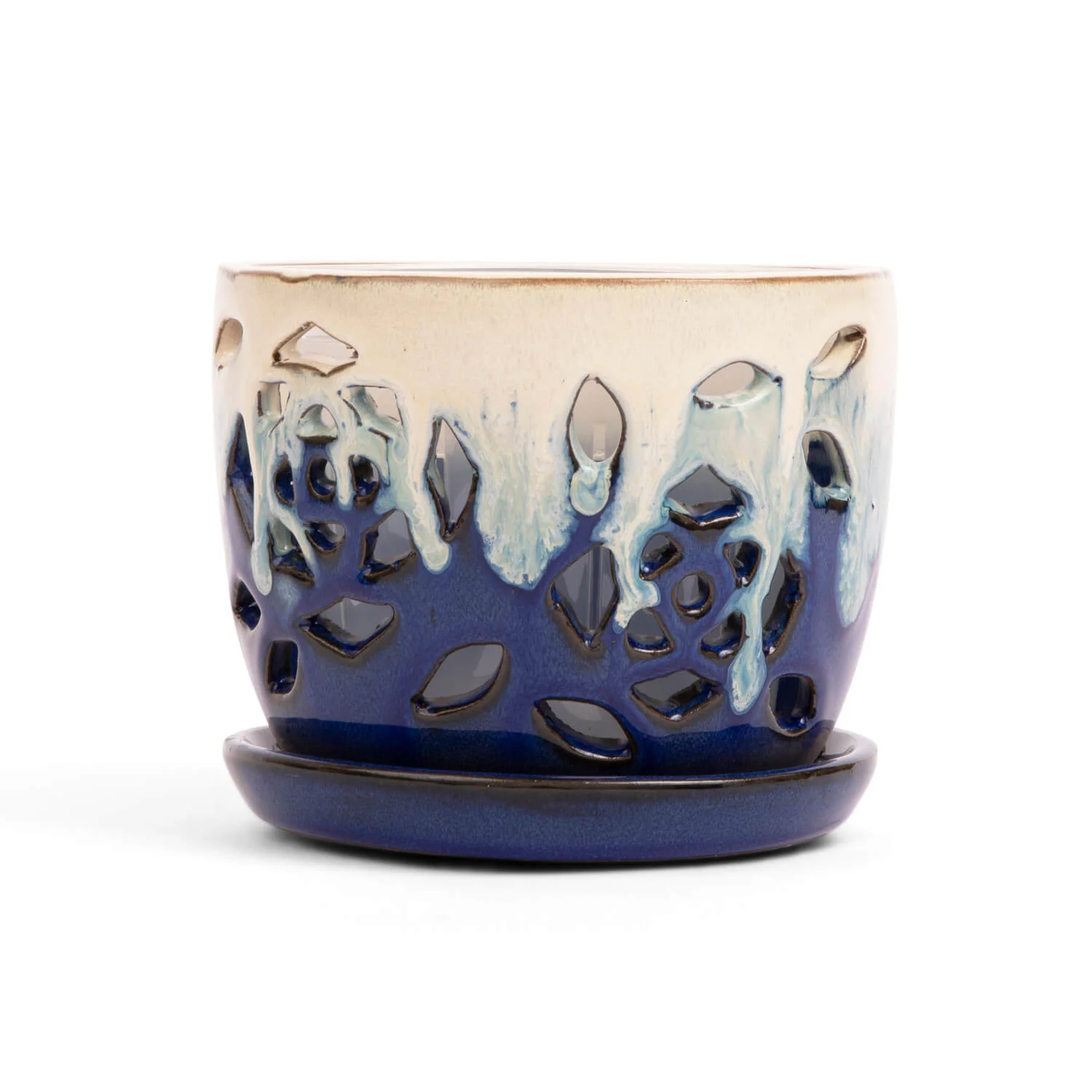 5″ Sky Blue Over Cobalt Floral Cutout Orchid Pot
