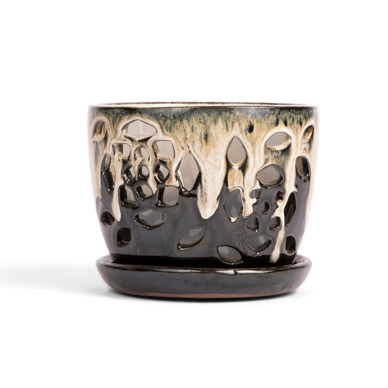 5″ Honey Cream Over Coffee Floral Cutout Orchid Pot