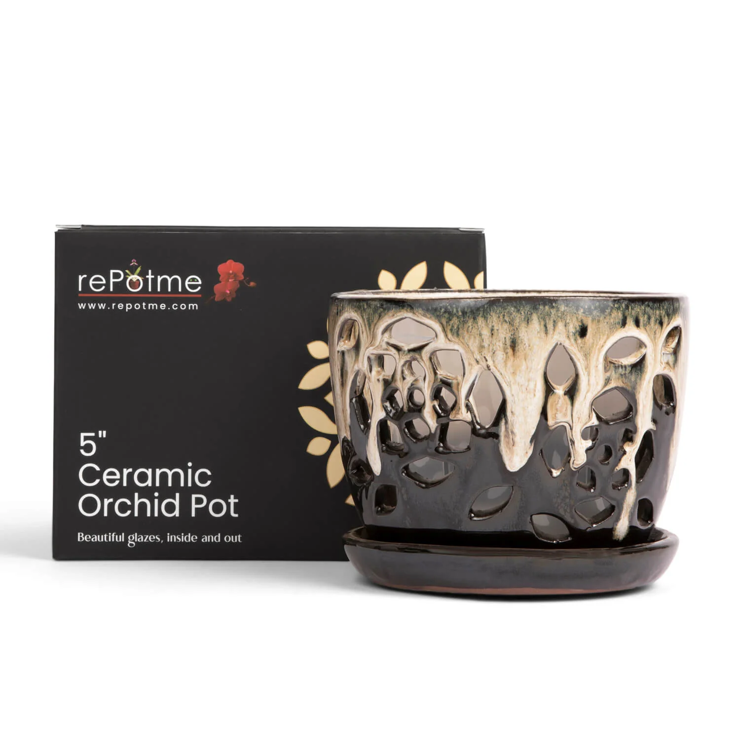 5" Honey Cream Over Coffee Floral Cutout Orchid Pot - Image 2