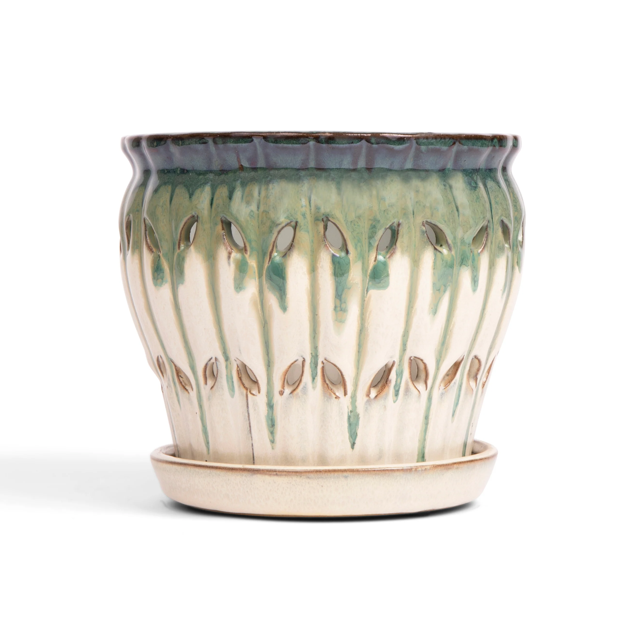 6" Evergreen Emerald Over Cream Pinwheel Fluted Orchid Pot - Image 1