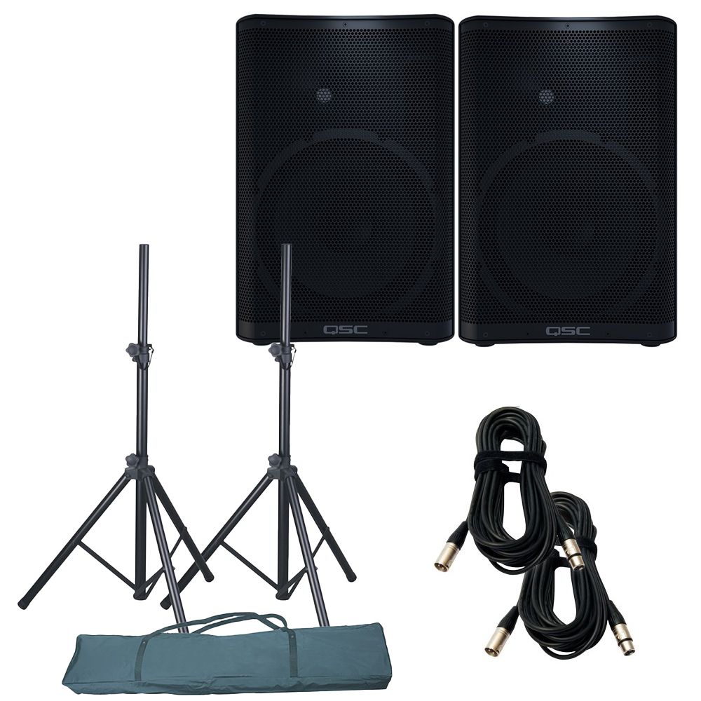 QSC CP12 PA Speaker Pack w/ Stands & 10m XLR Cables (Pair) - Image 1