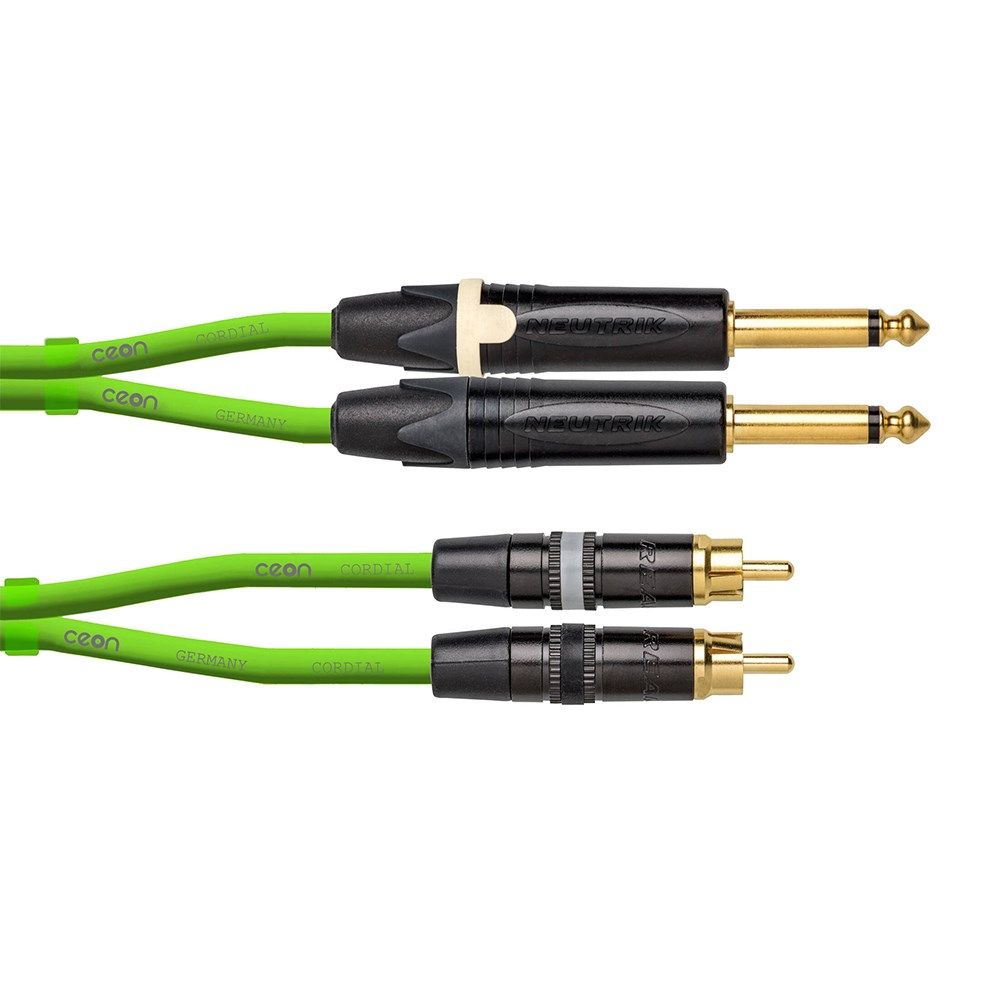 Cordial Ceon REAN 2x RCA Gold to 2x NEUTRIK Plug 1/4" TS Gold Cable (3m) (Green) - Image 1