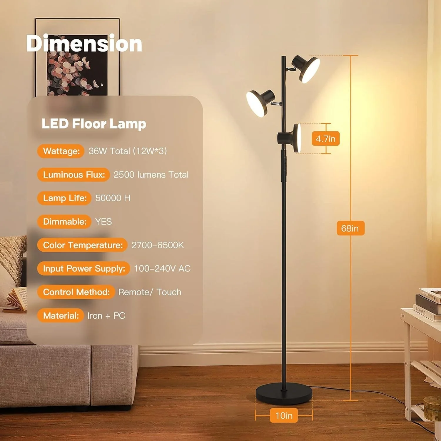 Adjustable LED Floor Lamp Rotatable with Remote for Living Room, Bedroom & Study - Image 3