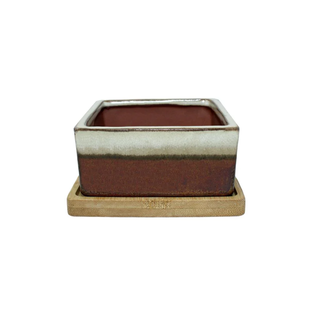 4" Honey Cream Over Copper Square Ceramic Succulent Pot With Decorative Bamboo Saucer - Image 1