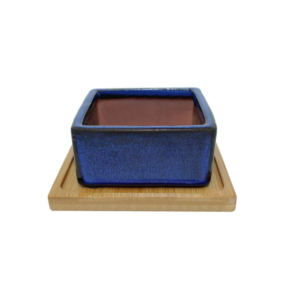 4" Midnight Blue Square Ceramic Succulent Pot With Decorative Bamboo Saucer - Image 1