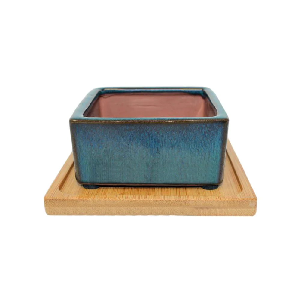 4" Teal Jade Square Ceramic Succulent Pot With Decorative Bamboo Saucer - Image 1