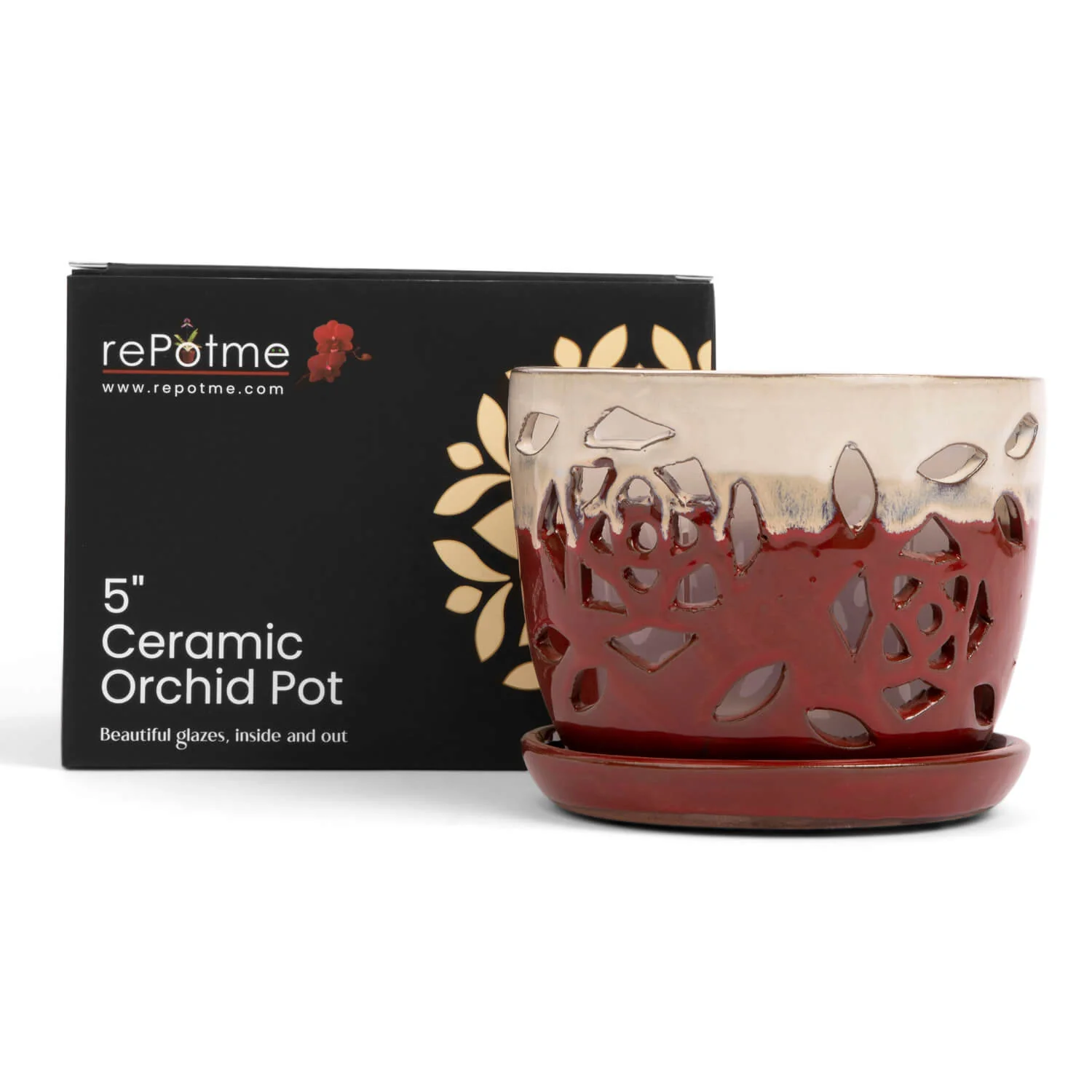 5" Cream Over Garnet Floral Cutout Orchid Pot - Image 2