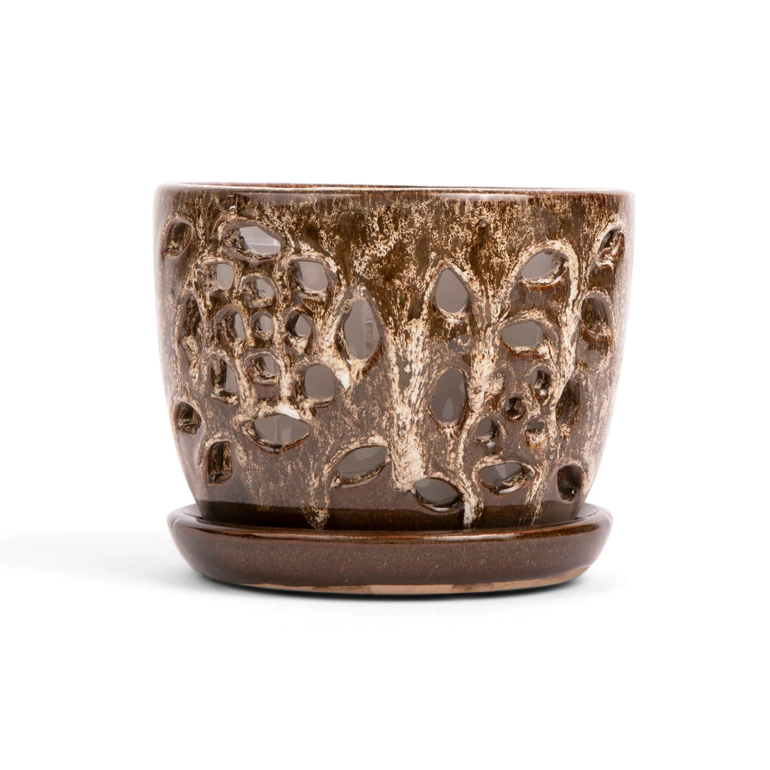5″ Creamy Chestnut Floral Cutout Orchid Pot