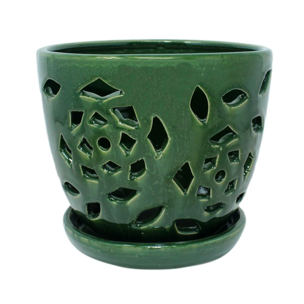 6" Emerald Green Floral Cutout Orchid Pot - Image 1