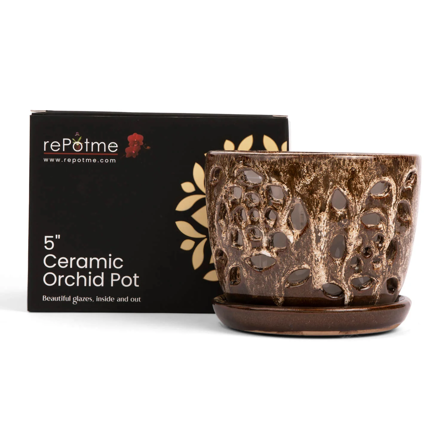 5" Creamy Chestnut Floral Cutout Orchid Pot - Image 2