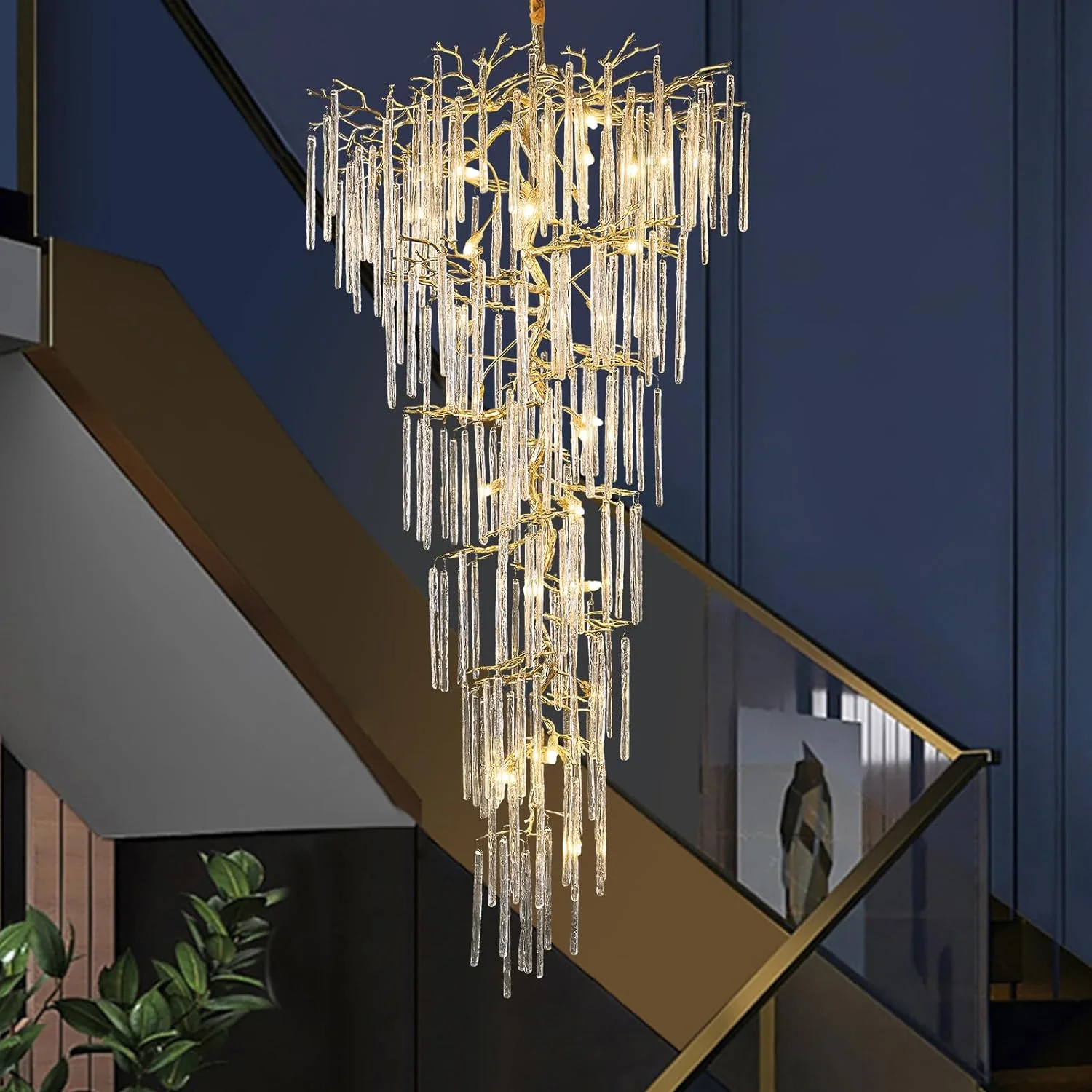 Modern Ice Strip Crystal Tree Branch Staircase Chandelier 95" - Image 1