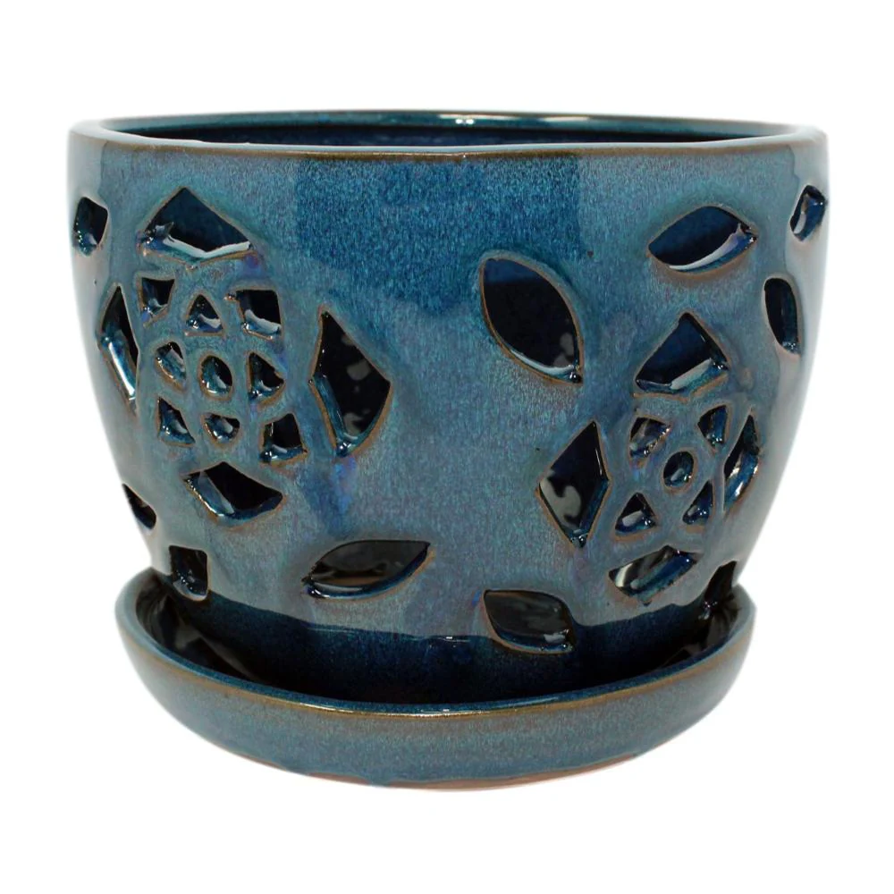 7" Teal Jade Floral Cutout Orchid Pot - Image 1