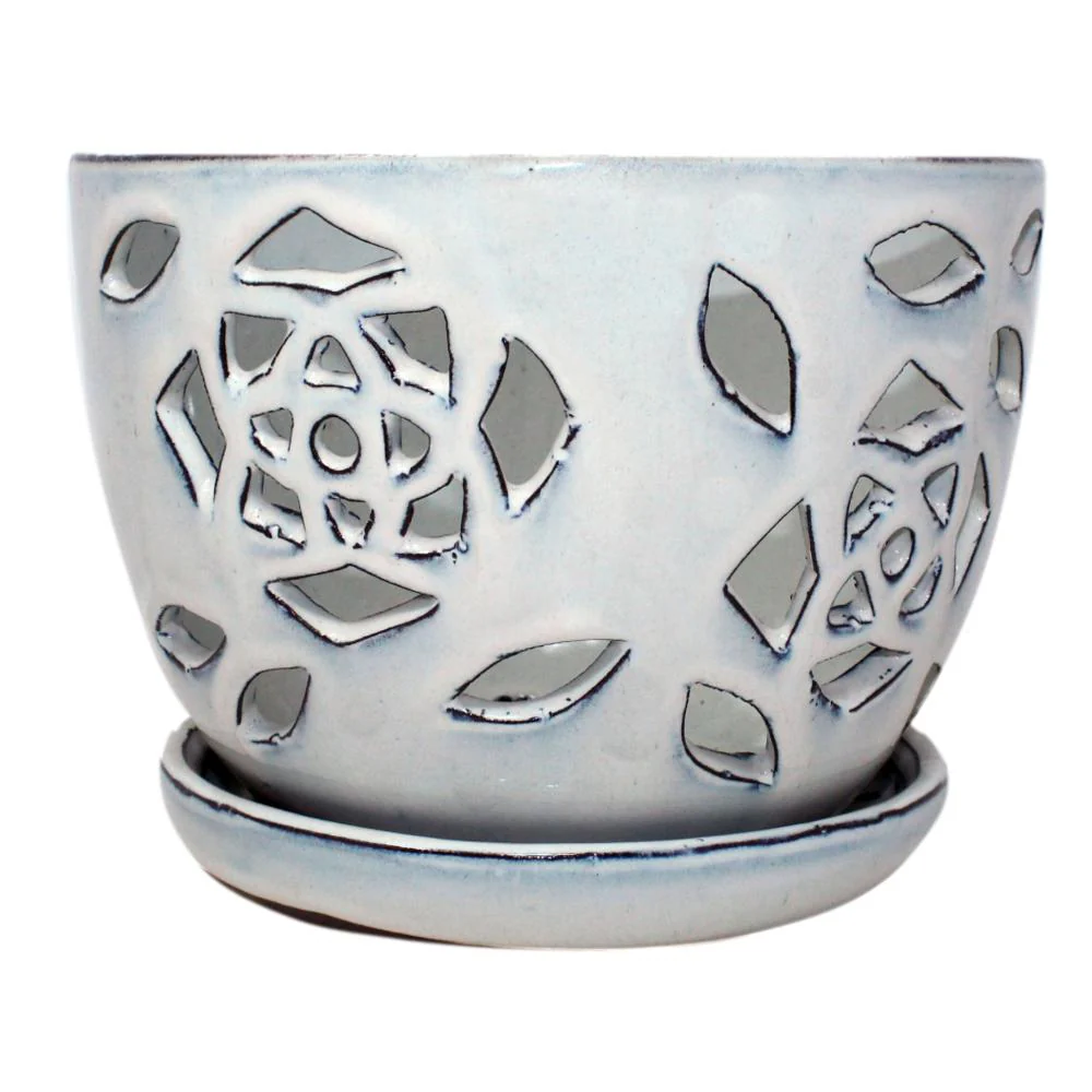 7″ White Diamond Floral Cutout Orchid Pot