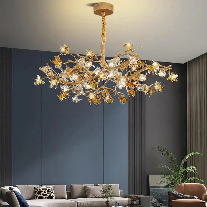 Aosta Orchid Branch & Crystal Bloom Brass Chandelier - Image 2
