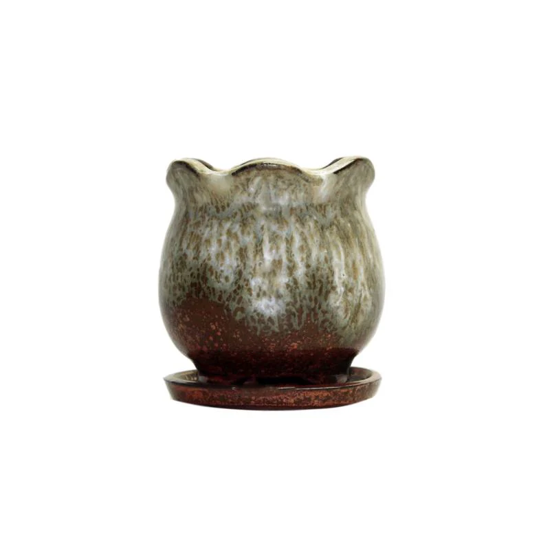 2" Honey Cream Over Copper Ceramic Succulent Pot - Blooming Tulip - Image 1