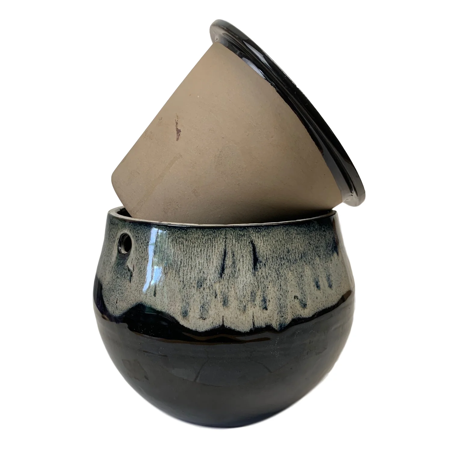10" White Diamond Over Onyx Teardrop Self Watering Pot - Image 3