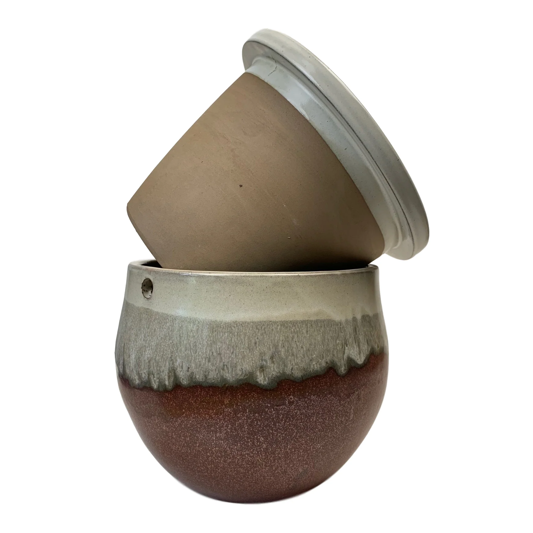 12" Honey Cream Over Copper Teardrop Self Watering Pot - Image 3