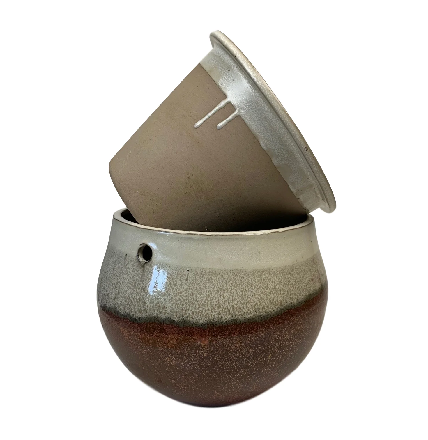 10" Honey Cream Over Copper Teardrop Self Watering Pot - Image 3