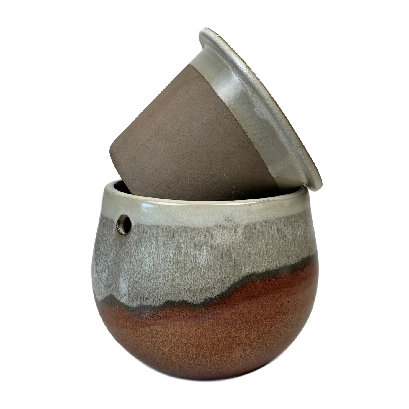 8" Honey Cream Over Copper Teardrop Self Watering Pot - Image 3