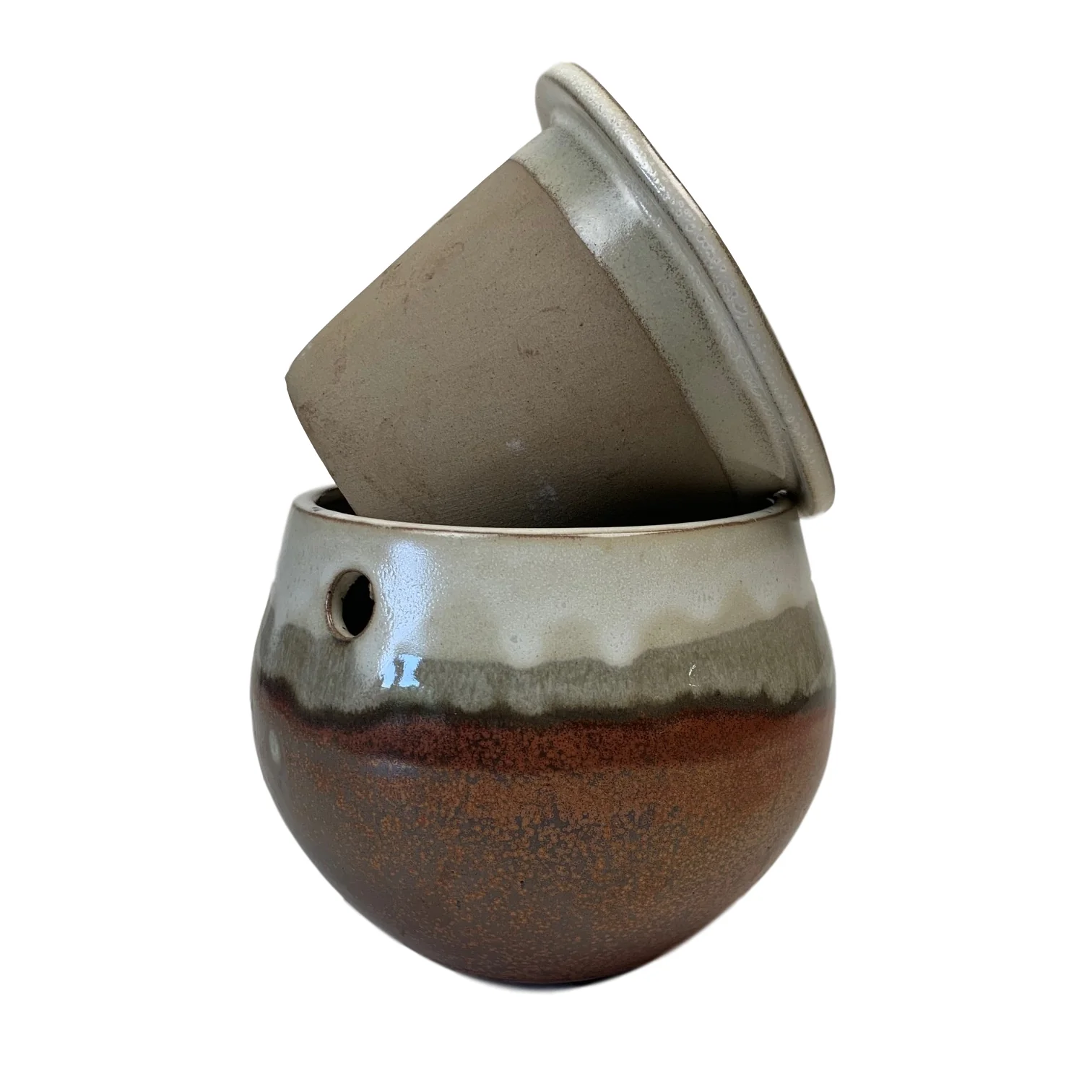 6" Honey Cream Over Copper Teardrop Self Watering Pot - Image 3