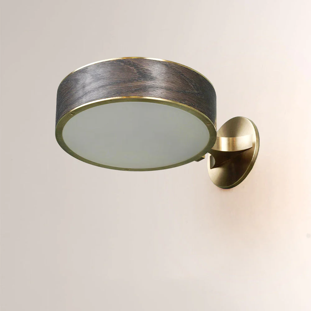 Monterra Wood Grain Brass Drum Wall Sconce - Image 1