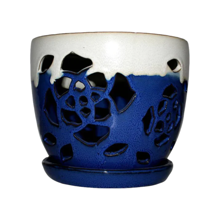 6″ Sky Blue Over Cobalt Floral Cutout Orchid Pot