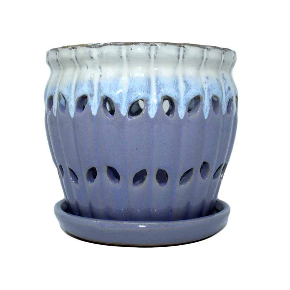 8″ Cream Over Lavender Pinwheel Fluted Ceramic Planter
