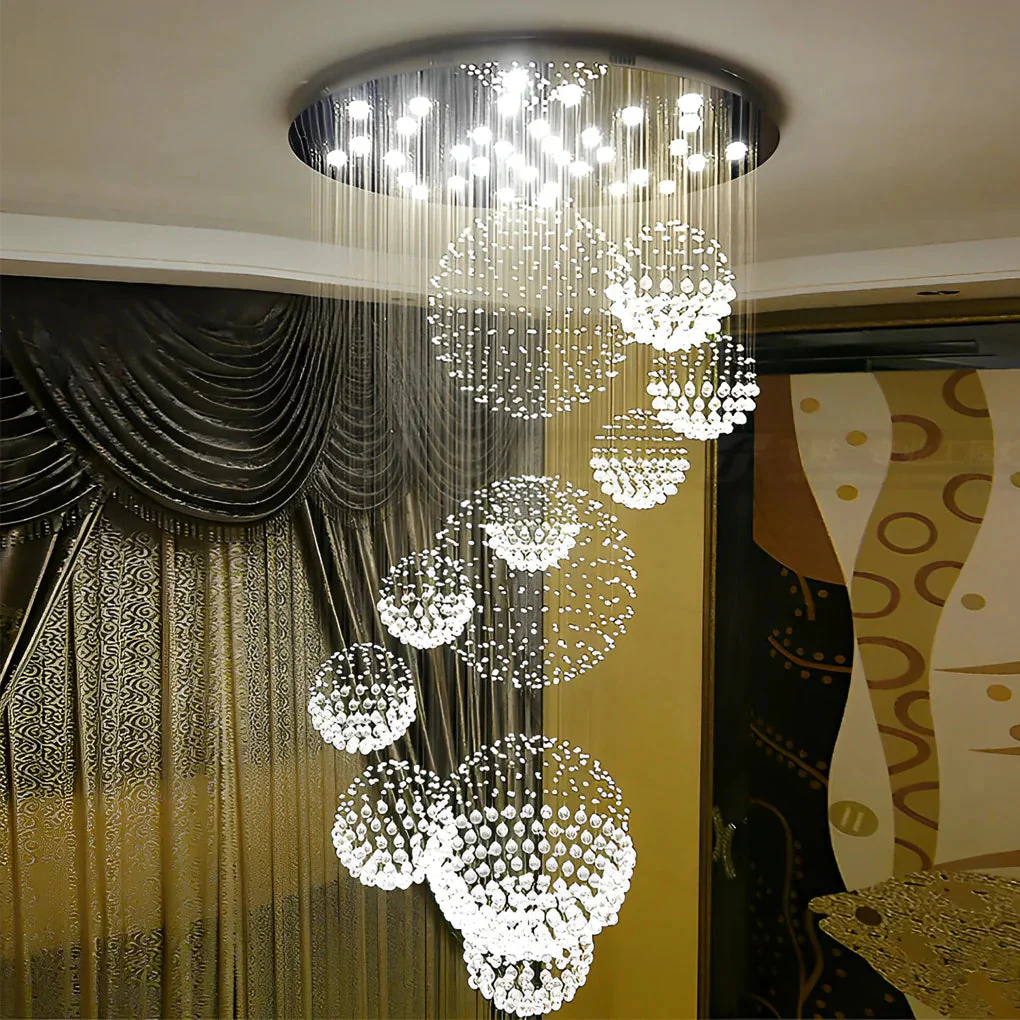 Spiral Raindrop Crystal Ball Three Step Dimming LED Staircase Chandelier - Image 1