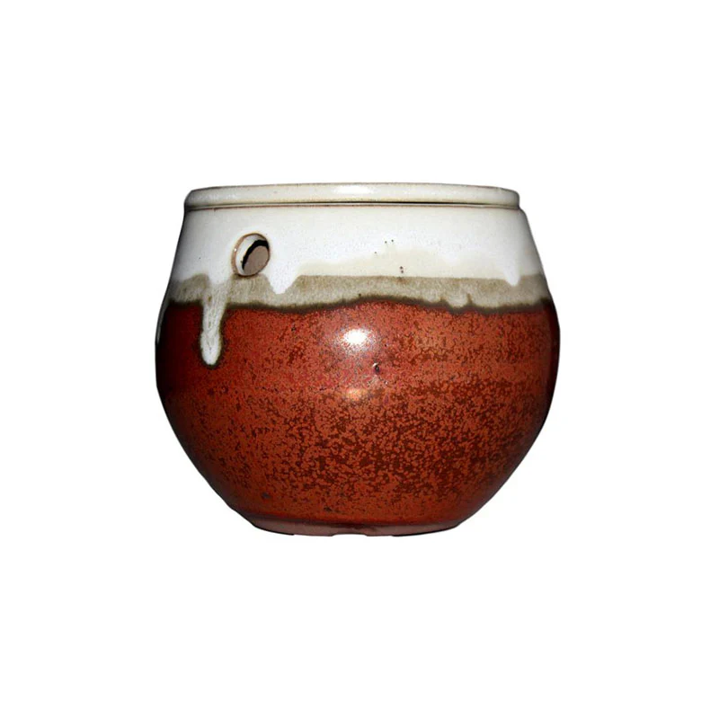 6" Honey Cream Over Copper Teardrop Self Watering Pot - Image 1