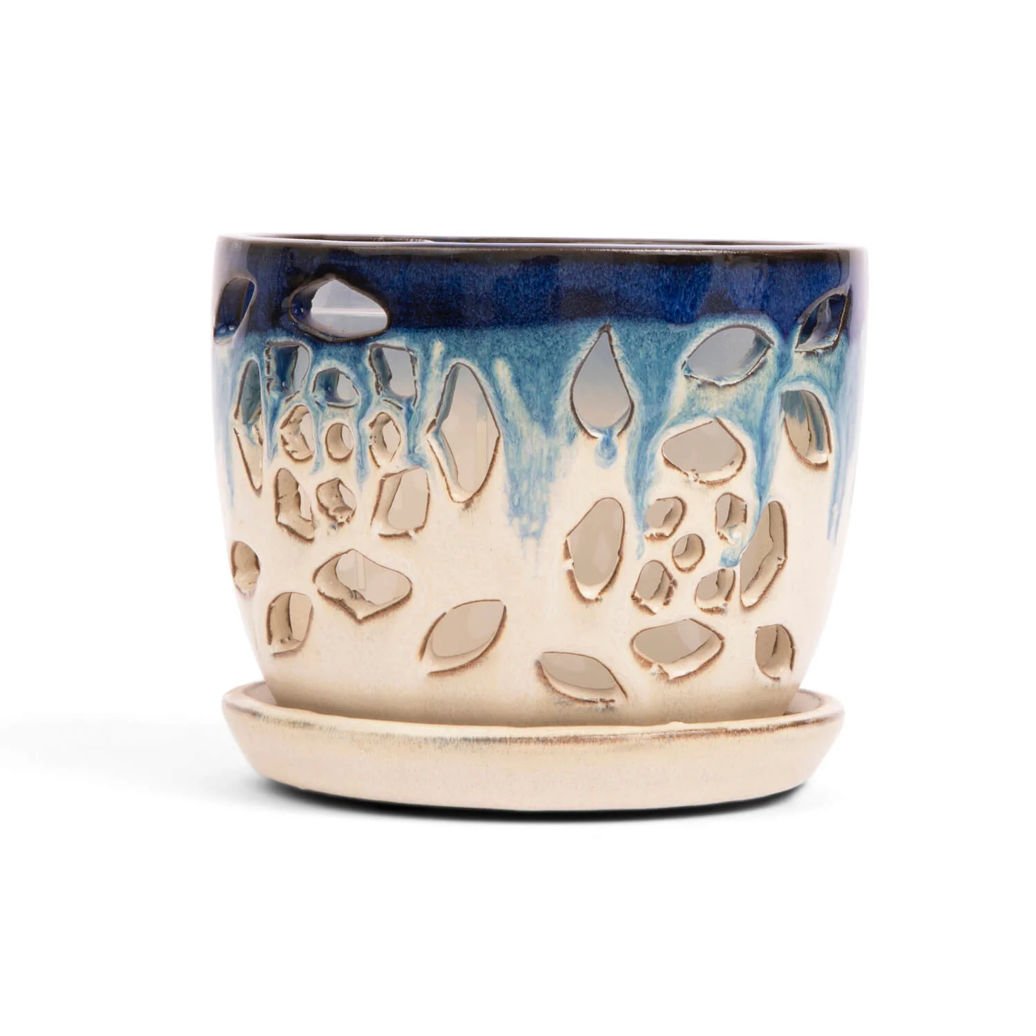 5″ Cobalt Blue Over Cream Floral Cutout Orchid Pot