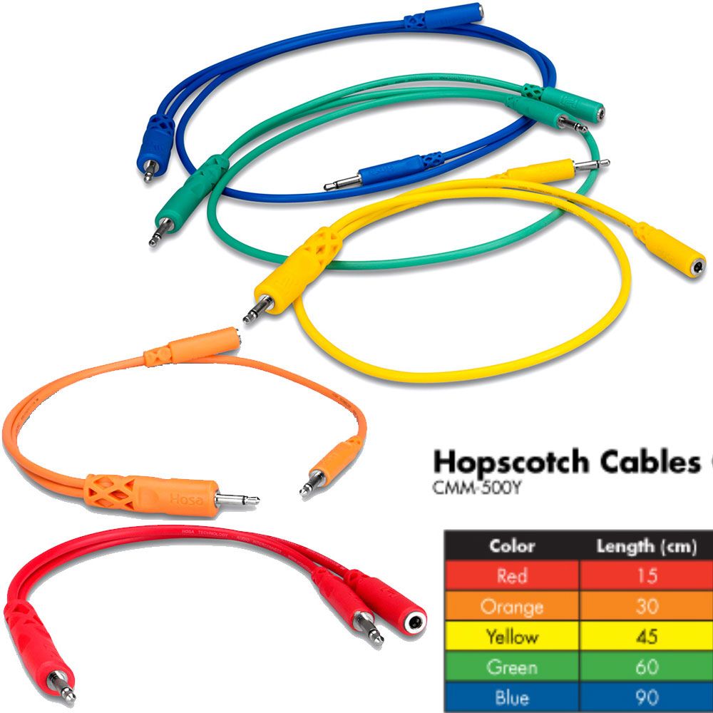 Hosa CMM500Y 3.5mm TS w/ 3.5mm TS(F) Pigtail to 3.5mm TS Hopscotch Patch Cables (Mixed)