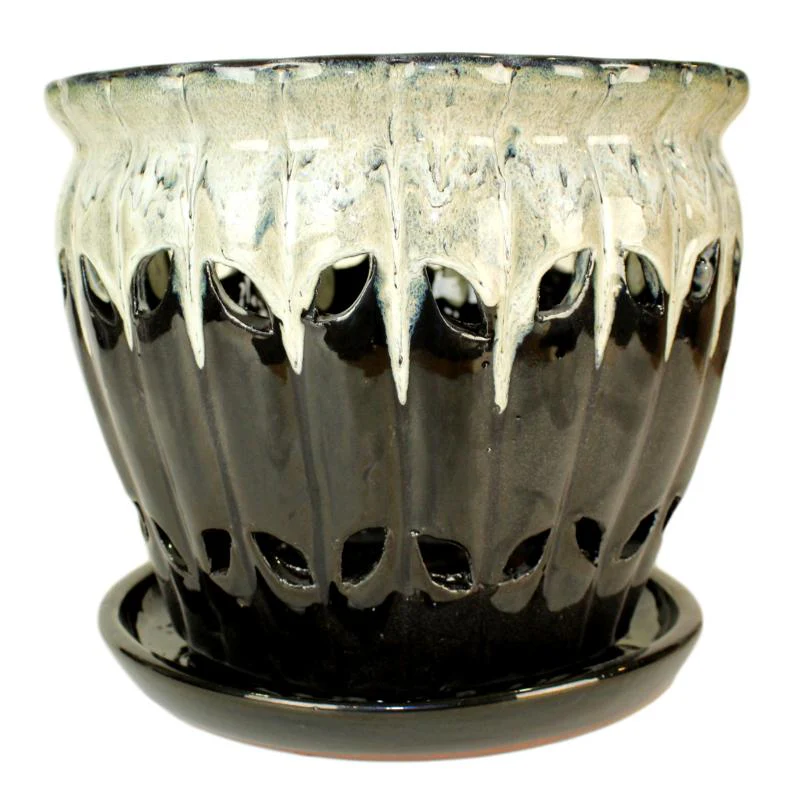10″ Honey Cream Over Coffee Pinwheel Fluted Ceramic Planter