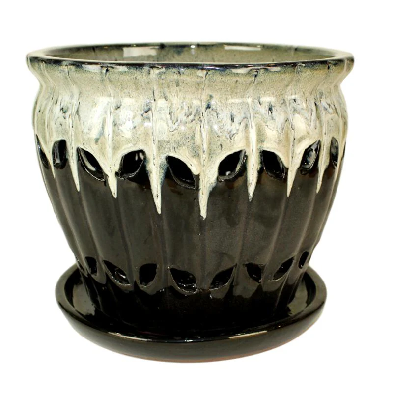 8" Honey Cream Over Coffee Pinwheel Fluted Ceramic Planter - Image 1