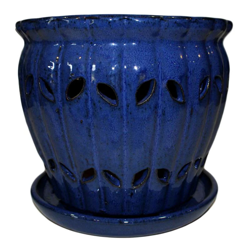 10″ Midnight Blue Pinwheel Fluted Ceramic Planter
