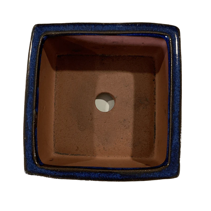 4" Midnight Blue Square Ceramic Succulent Pot With Decorative Bamboo Saucer - Image 2
