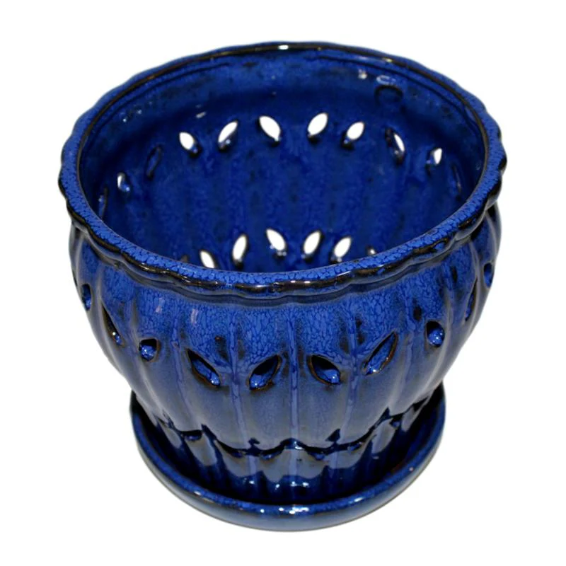 10" Midnight Blue Pinwheel Fluted Ceramic Planter - Image 2