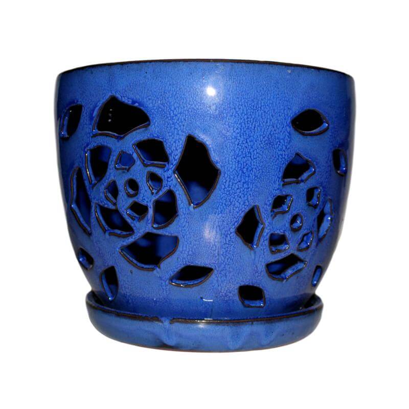 6" Midnight Blue Floral Cutout Orchid Pot - Image 1