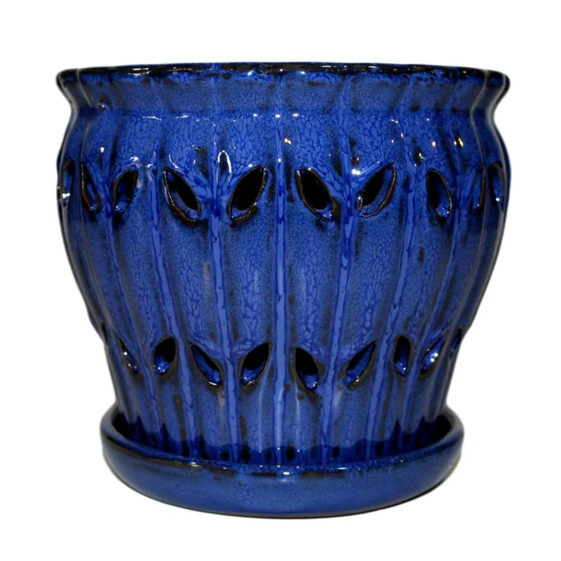 8" Midnight Blue Pinwheel Fluted Ceramic Planter - Image 1