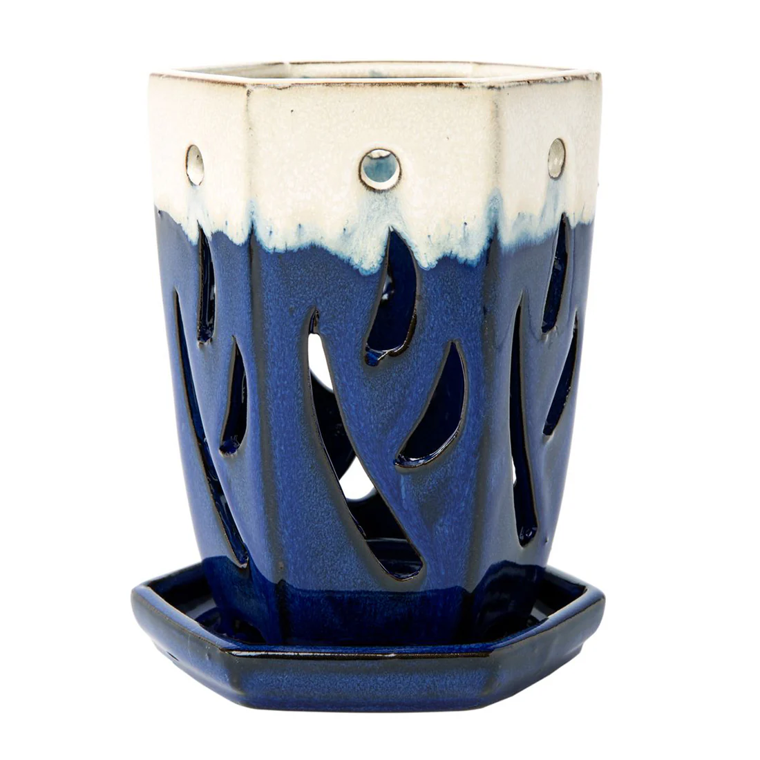 4" x 6" Sky Blue Over Cobalt Fluted Hexagon Ceramic Orchid Pot - Image 1