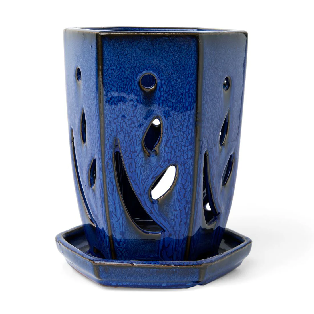 4" x 6" Midnight Blue Fluted Hexagon Ceramic Orchid Pot - Image 1