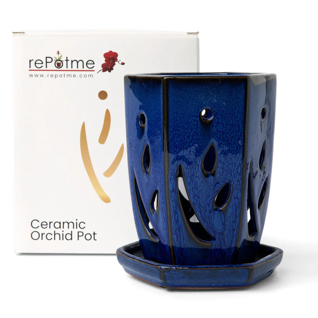 4" x 6" Midnight Blue Fluted Hexagon Ceramic Orchid Pot - Image 2