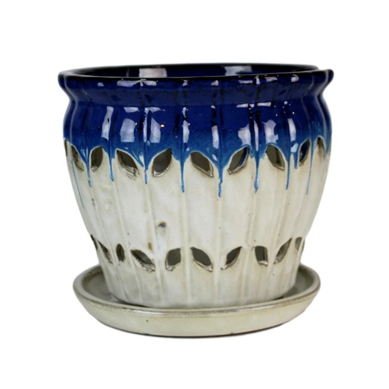 6″ Cobalt Blue Over Cream Pinwheel Fluted Orchid Pot