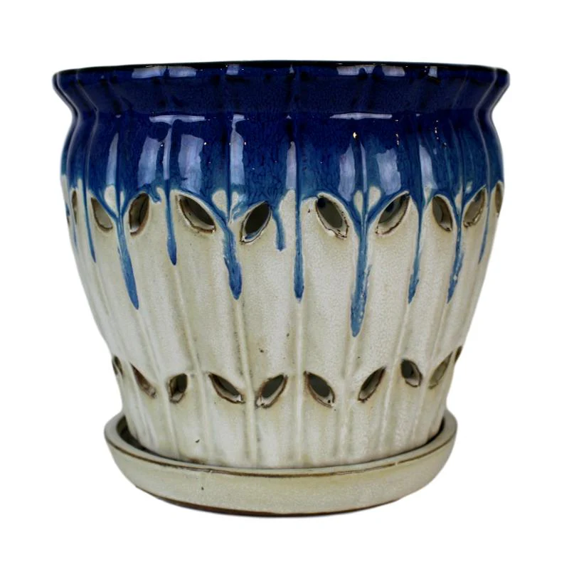 8″ Cobalt Blue Over Cream Pinwheel Fluted Ceramic Planter