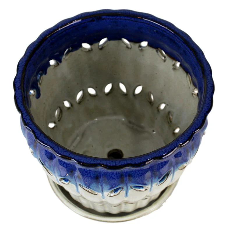8" Cobalt Blue Over Cream Pinwheel Fluted Ceramic Planter - Image 2