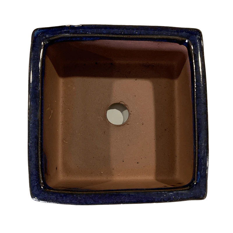 4" Cobalt Blue Over Cream Square Ceramic Succulent Pot With Decorative Bamboo Saucer - Image 2
