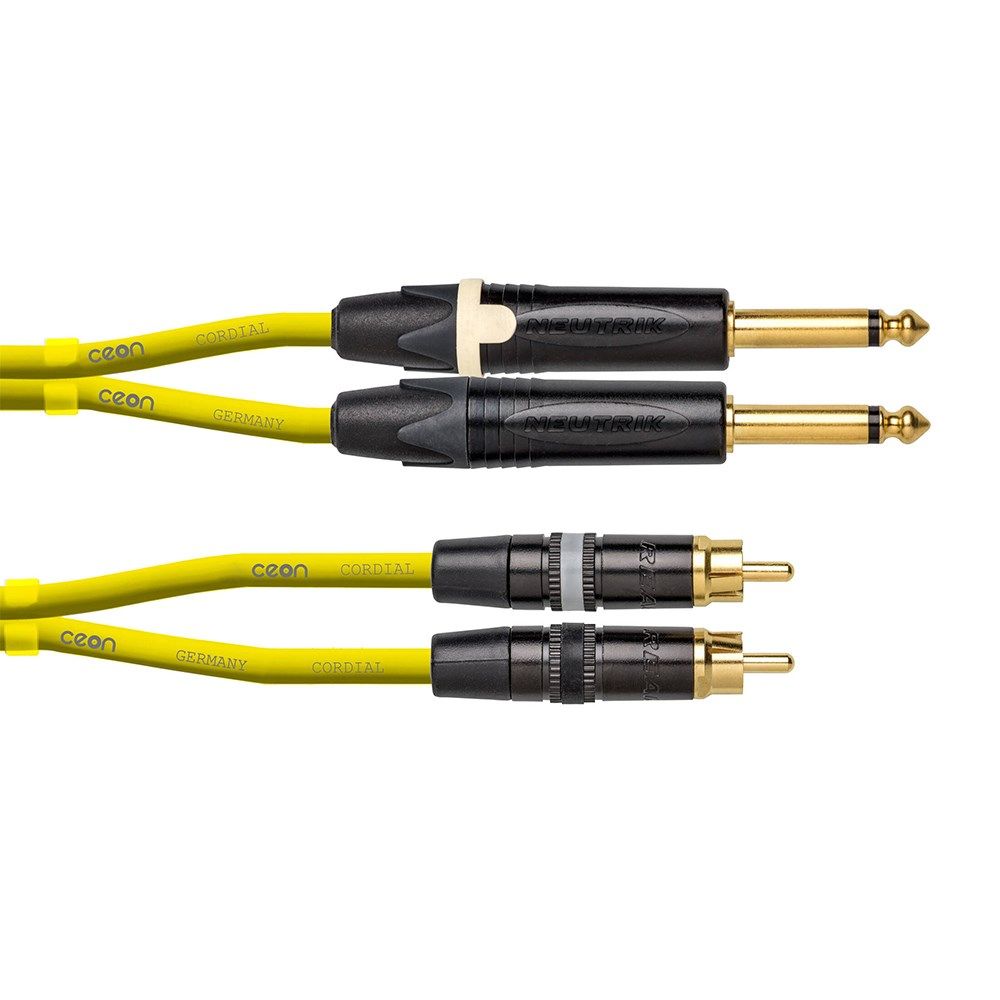 Cordial Ceon REAN 2x RCA Gold to 2x NEUTRIK Plug 1/4" TS Gold Cable (1.5m) (Yellow) - Image 1