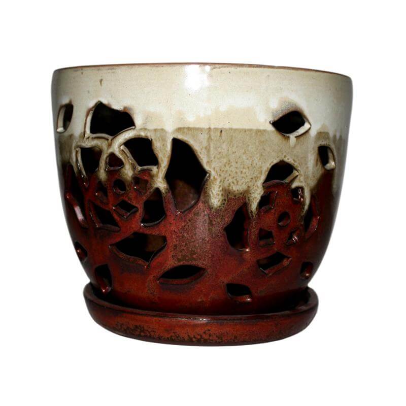6" Honey Cream Over Copper Floral Cutout Orchid Pot - Image 1