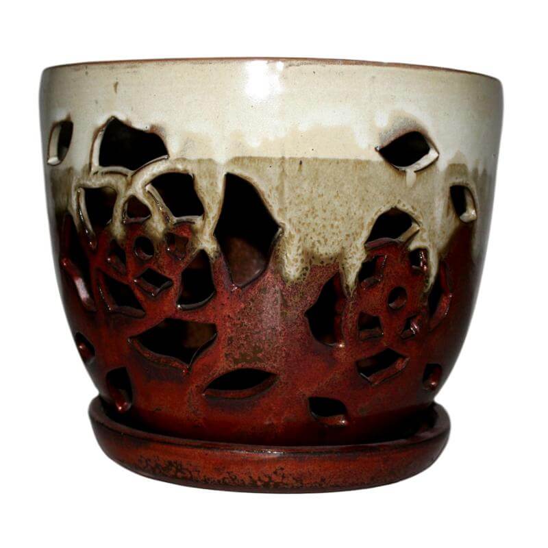 8" Honey Cream Over Copper Floral Cutout Ceramic Planter - Image 1
